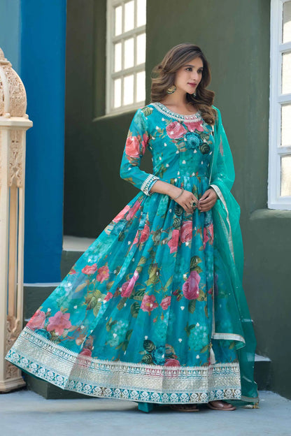Dark Cyan Floral Embroidery Work Gown