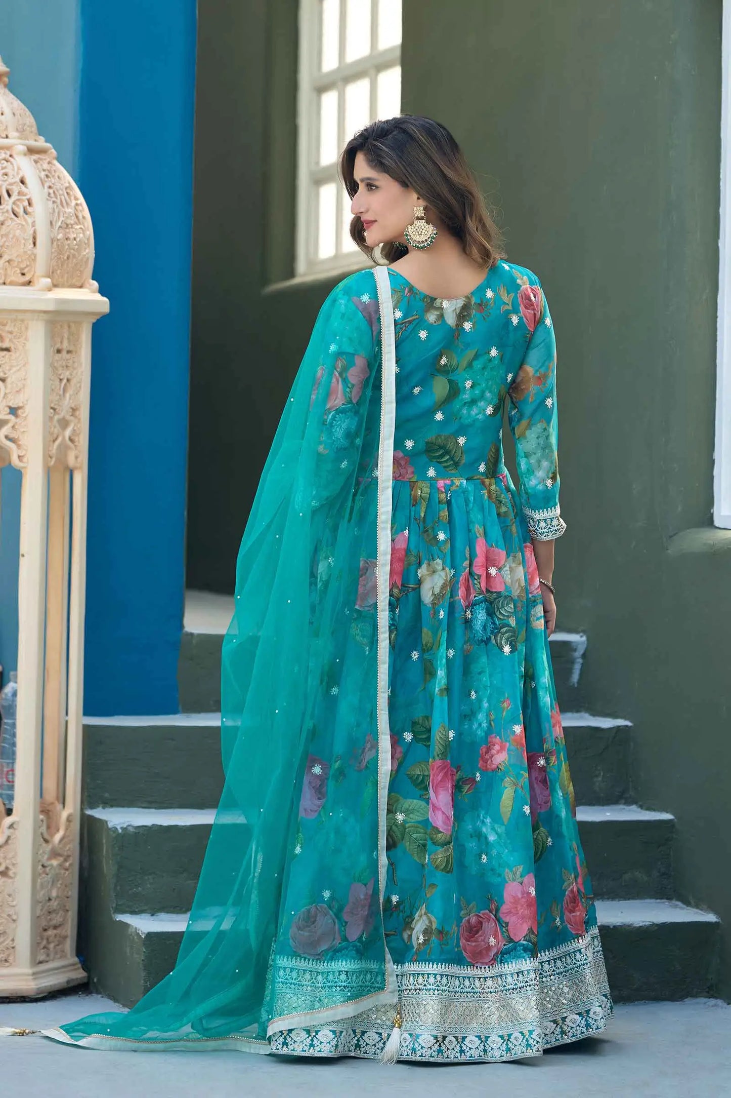 Dark Cyan Floral Embroidery Work Gown