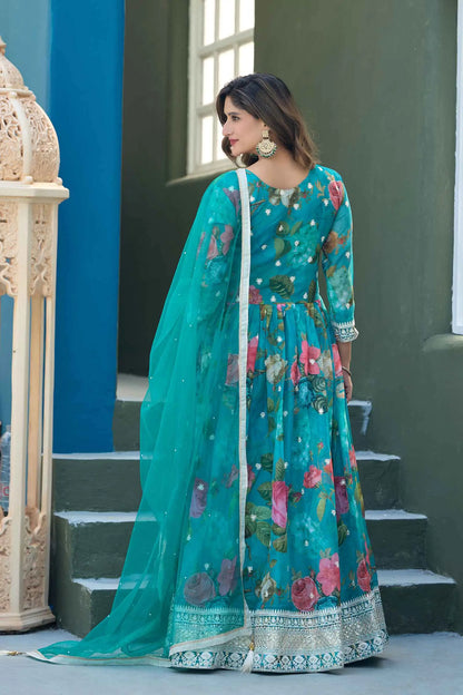 Dark Cyan Floral Embroidery Work Gown