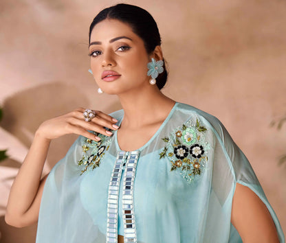 Aqua Blue Pure Organza Hand Work Indo Western Co-Ord Set With Cap