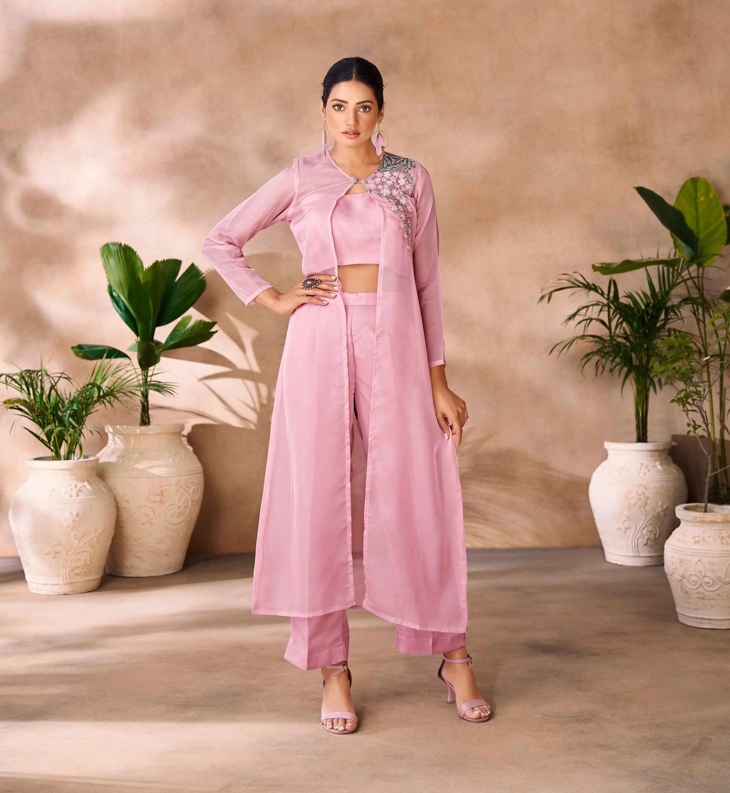 Baby Pink Hand Work Stylish Organza Indo-Western With Long Shrug