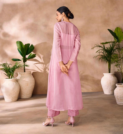 Baby Pink Hand Work Stylish Organza Indo-Western With Long Shrug