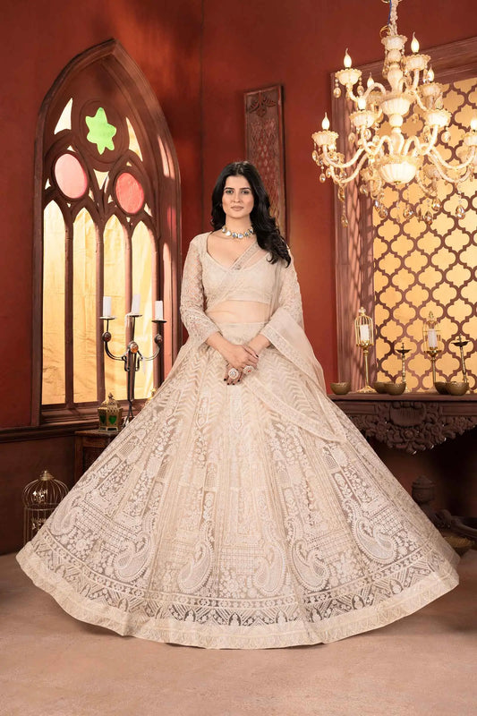 Beige Shining Thread  Embroidery Design Net Lehenga Choli
