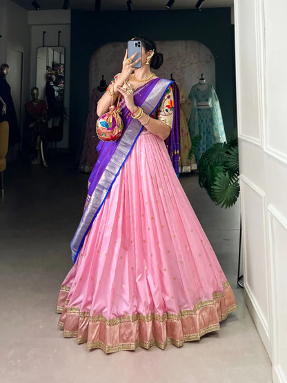 Light Pink Jacquard Silk Zari Weaving Paithani Lehenga Choli