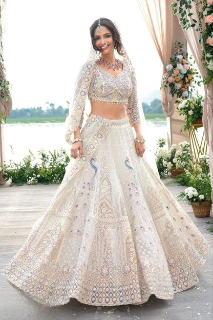 White Peacock Design Net Lehenga With Thread Coding Sequins Embroidery Work