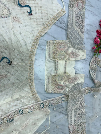White Peacock Design Net Lehenga With Thread Coding Sequins Embroidery Work