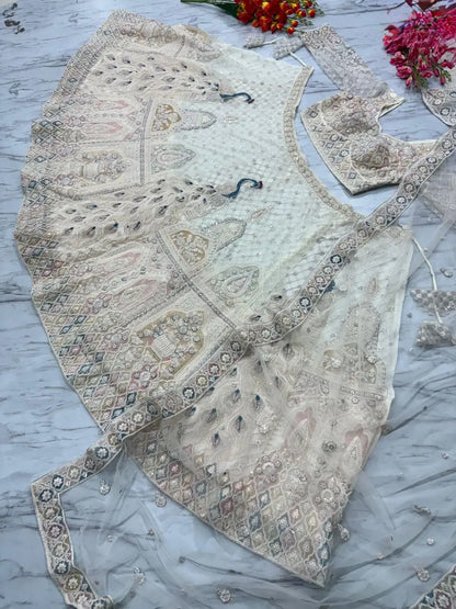 White Peacock Design Net Lehenga With Thread Coding Sequins Embroidery Work