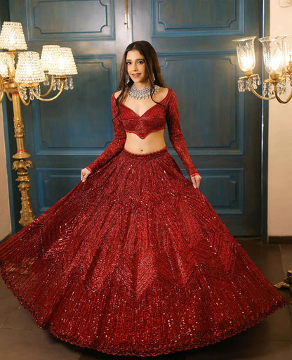 Designer Red Georgette Sequins Thread Dori Embroidery Work Lehenga Choli