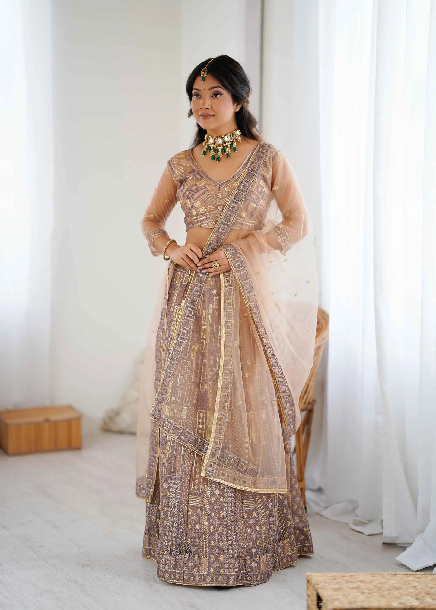 Brownish Ivory Embroidery Work With Heavy Sequins Work Lehenga Choli