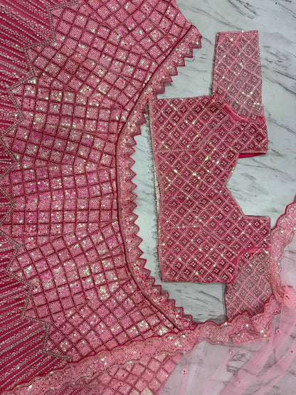 Peach Pink Rainbow Sequins Dori Embroidery Work Net Lehenga Choli