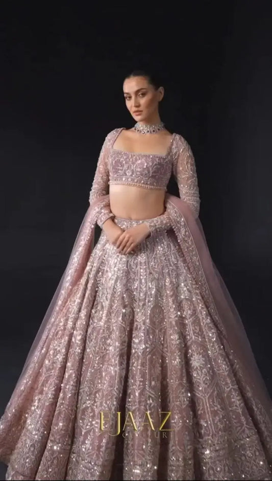 Rosy Brown Net Lehenga With Thread Embroidery Coding And Heavy Sequins Work