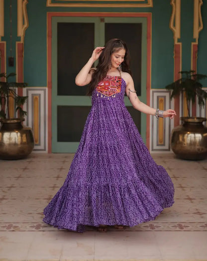Purple Bandhani Print With Kutchi Patch Work Navratri Gown
