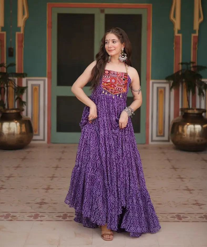 Purple Bandhani Print With Kutchi Patch Work Navratri Gown