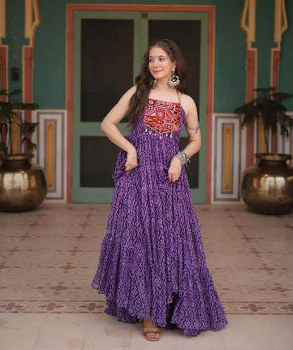 Purple Bandhani Print With Kutchi Patch Work Navratri Gown
