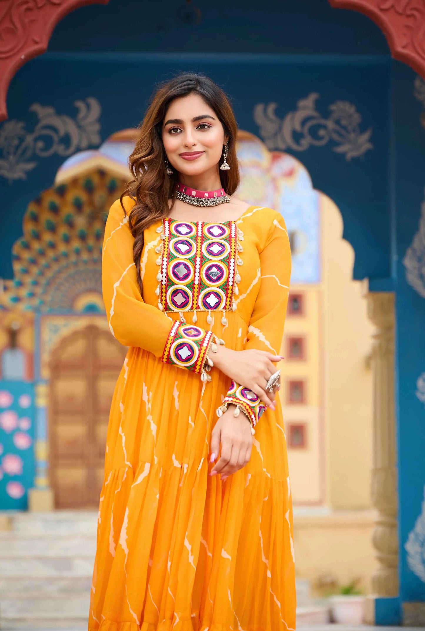 Yellow Laheriya Print With Kutchi Patch Work Navratri Gown