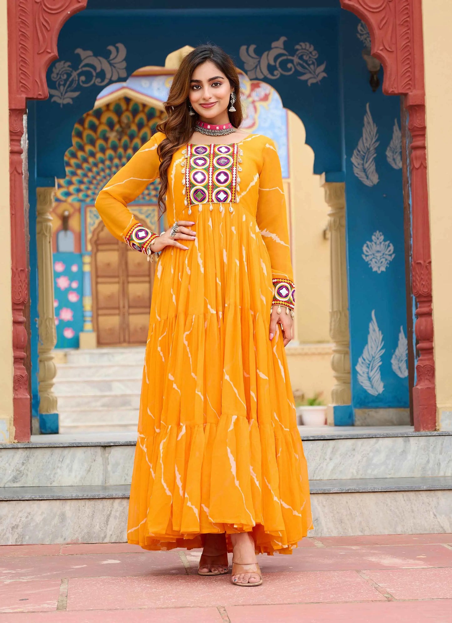 Yellow Laheriya Print With Kutchi Patch Work Navratri Gown