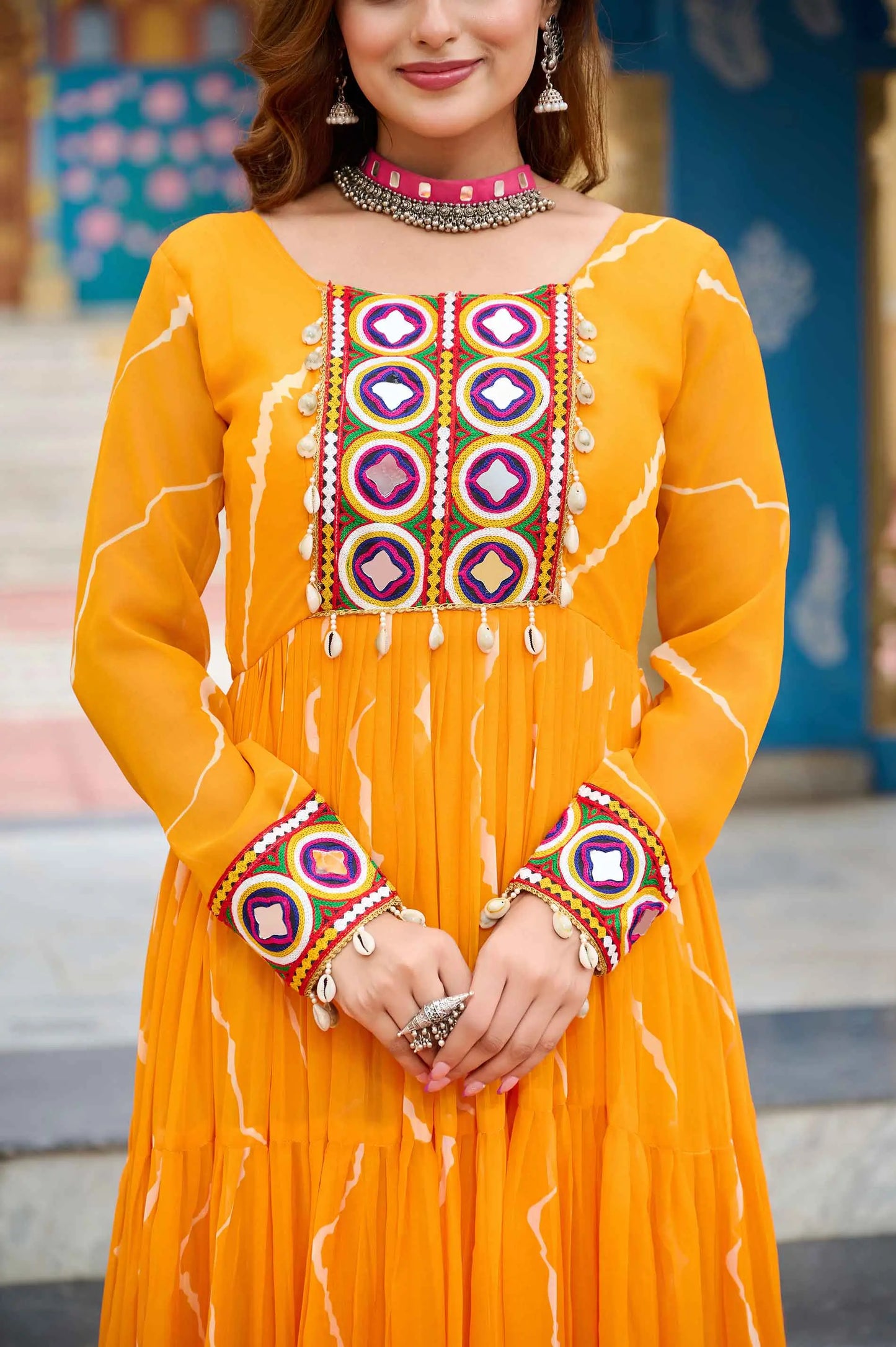 Yellow Laheriya Print With Kutchi Patch Work Navratri Gown