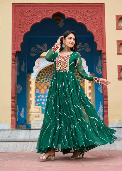 Dark Green Laheriya Print With Kutchi Patch Work Navratri Gown