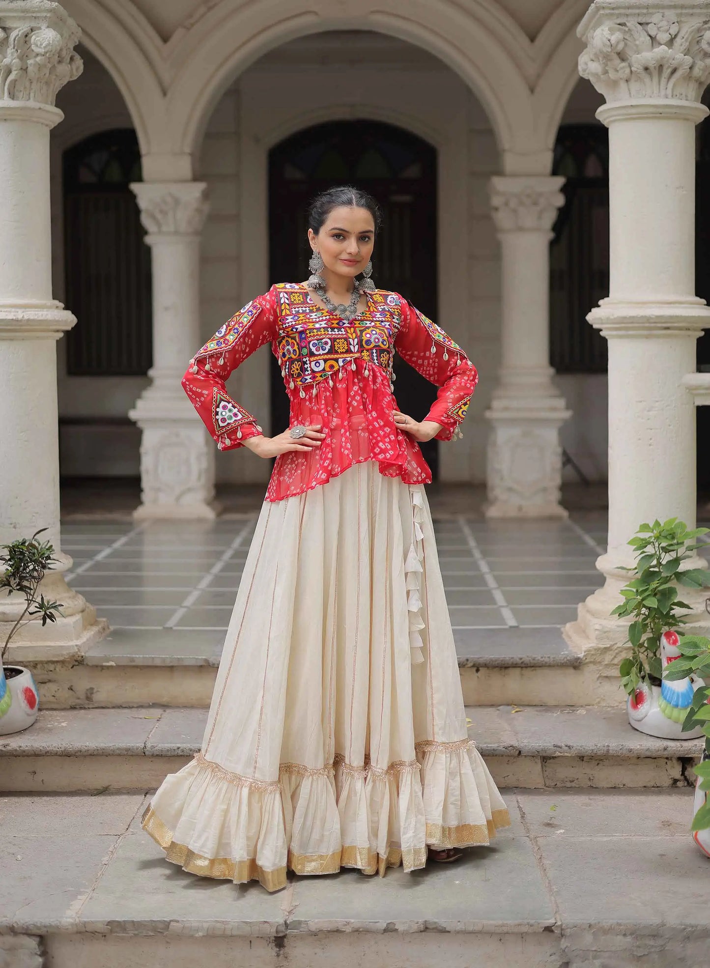 Red Bandhani Print Gamthi Work Blouse With Lace Work Navratri Lehenga