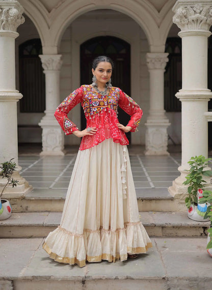 Red Bandhani Print Gamthi Work Blouse With Lace Work Navratri Lehenga