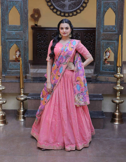 Peach Embroidery Work Lehenga Choli