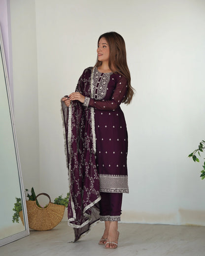 Glossy In Wine Embroidery Sequence And Thread Work  Ready To Wear Salwar suit