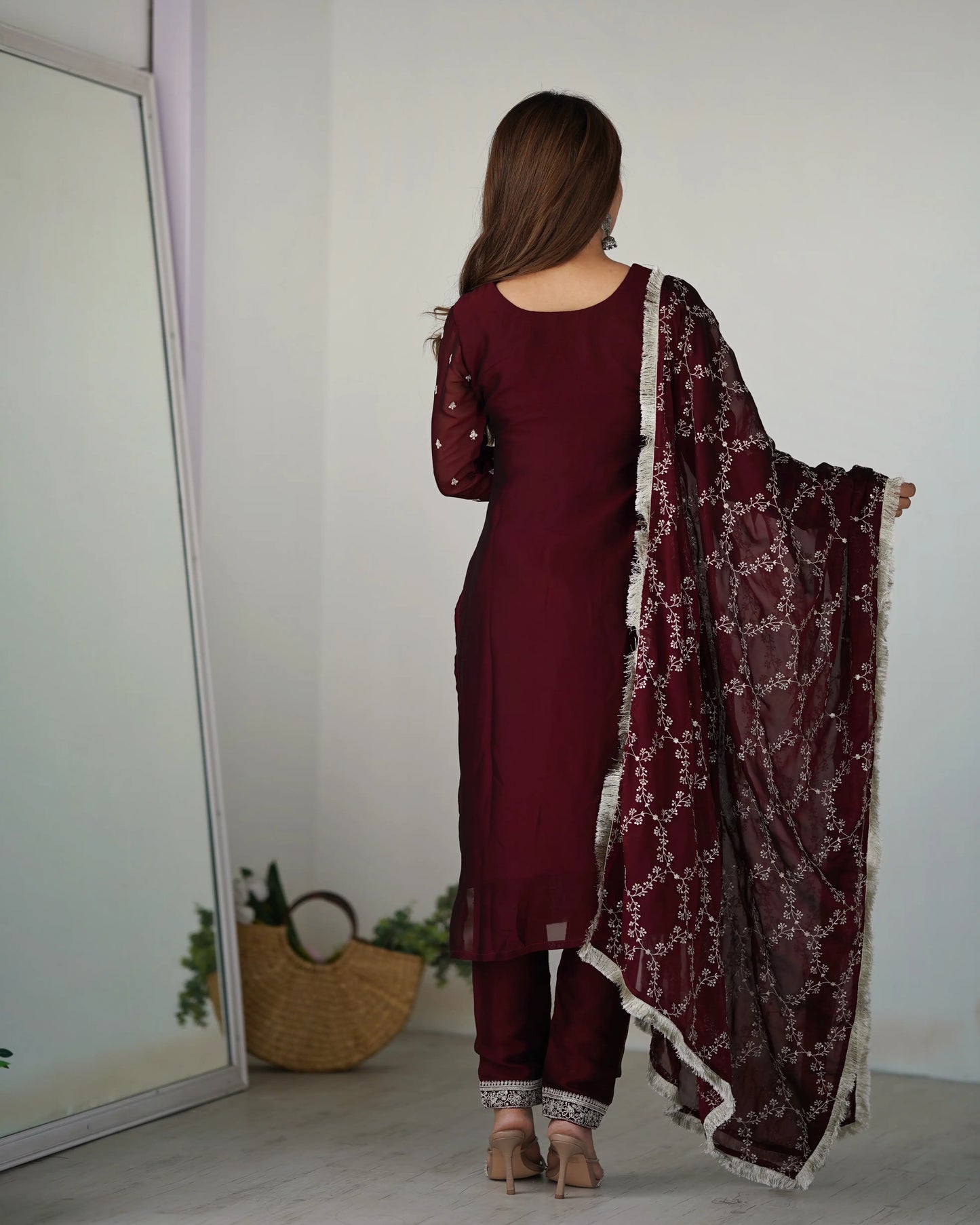 Classic In Maroon Embroidery Sequence And Thread Work  Ready To Wear Salwar suit