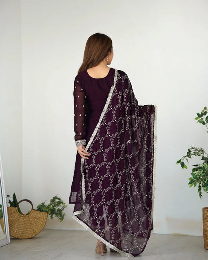 Glossy In Wine Embroidery Sequence And Thread Work  Ready To Wear Salwar suit