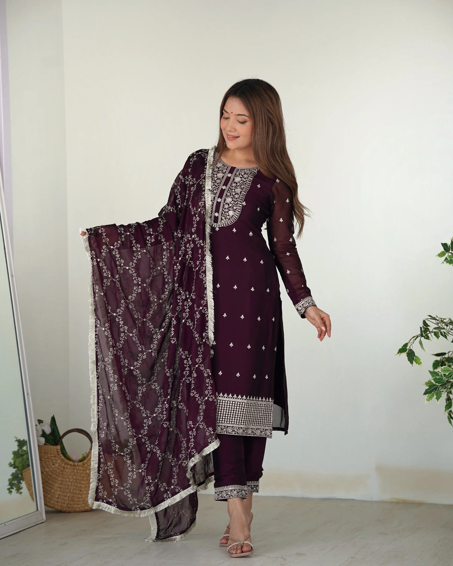 Glossy In Wine Embroidery Sequence And Thread Work  Ready To Wear Salwar suit