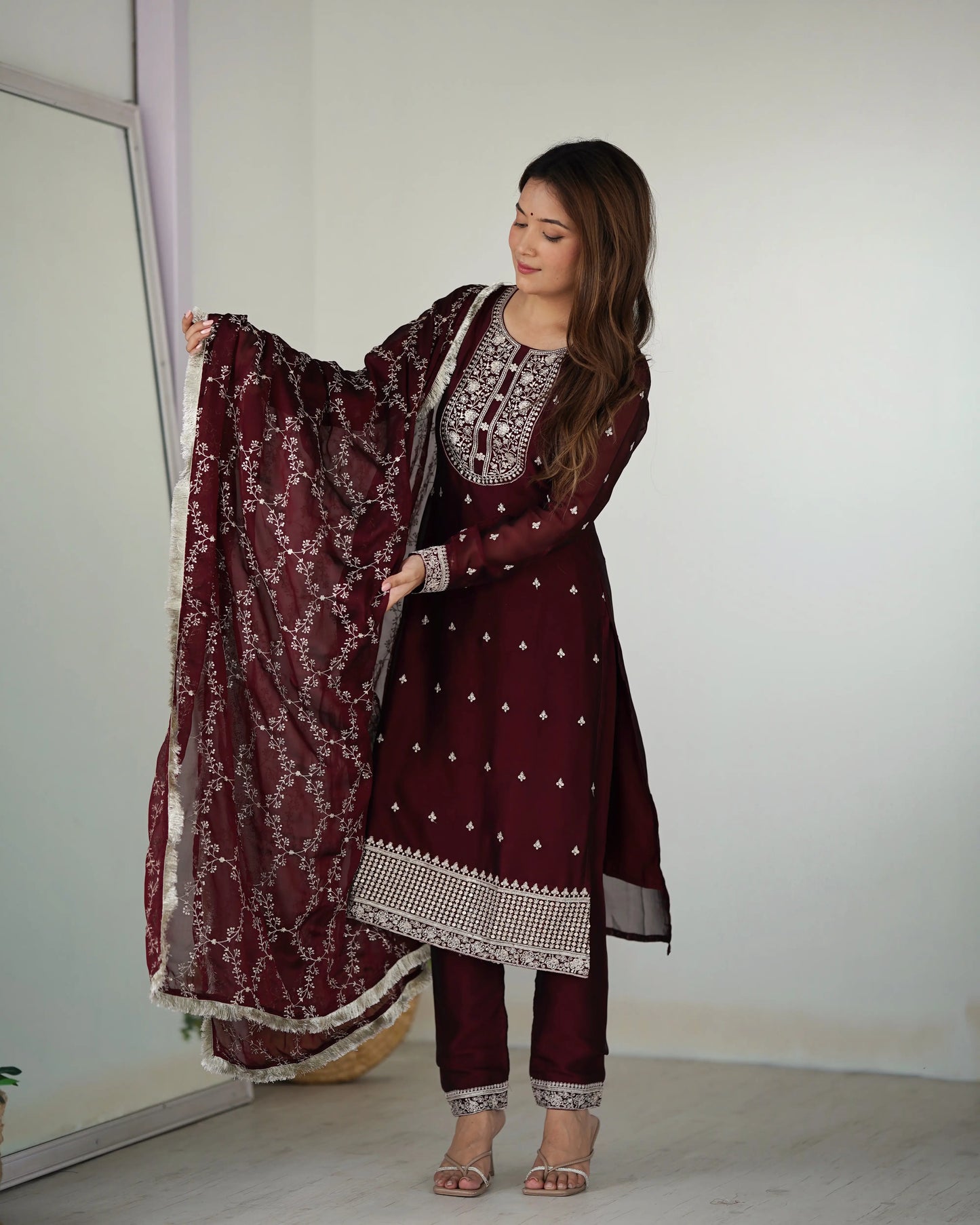 Classic In Maroon Embroidery Sequence And Thread Work  Ready To Wear Salwar suit