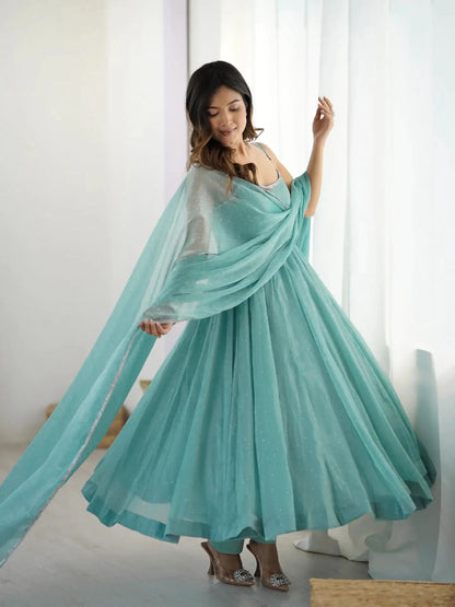 Sky Blue Crunchy Silk With Siroski Work Anarkali Gown And Dupatta