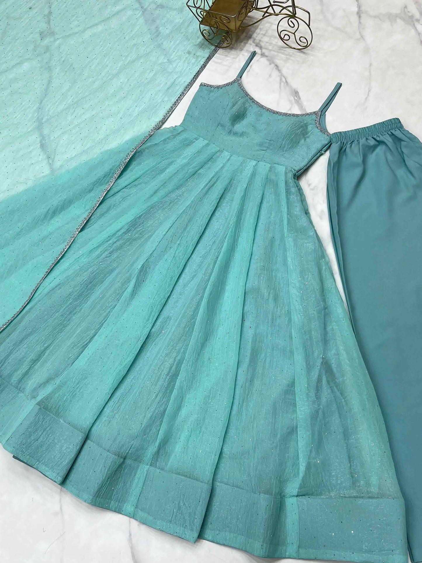 Sky Blue Crunchy Silk With Siroski Work Anarkali Gown And Dupatta