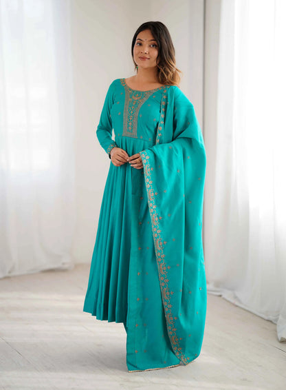 Dark Cyan Silk Gown With Beads Hand Work