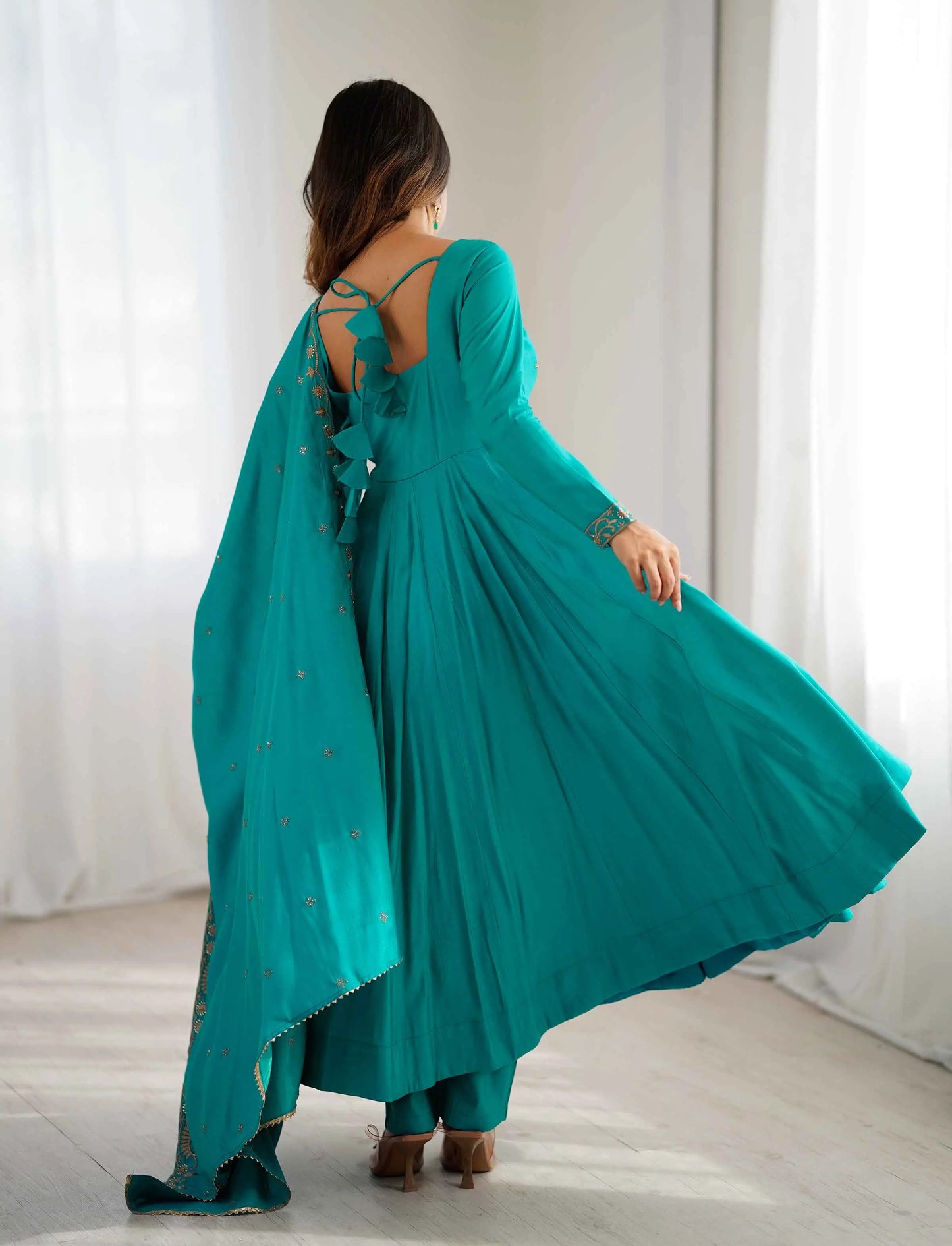 Dark Cyan Silk Gown With Beads Hand Work