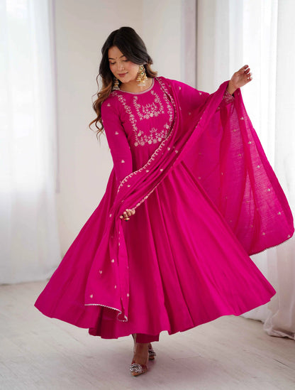 Rani Pink Silk Gown With Beads Hand Work