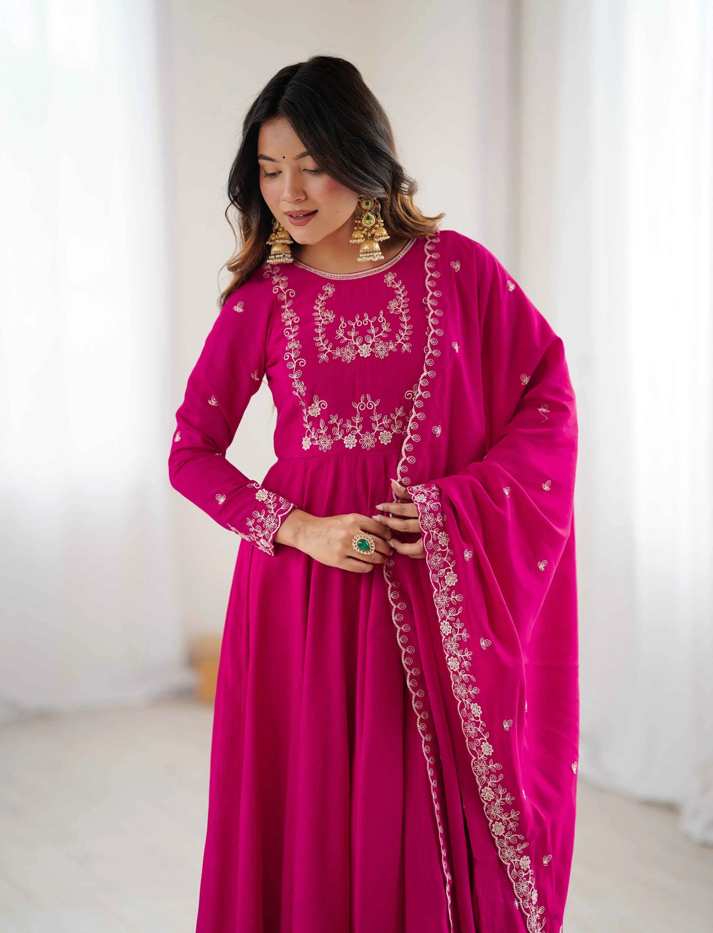 Rani Pink Silk Gown With Beads Hand Work