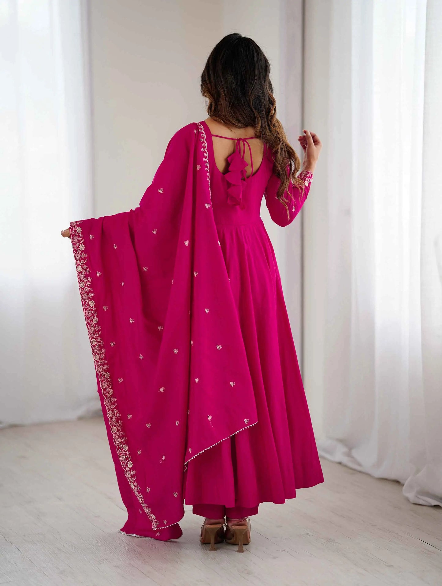 Rani Pink Silk Gown With Beads Hand Work