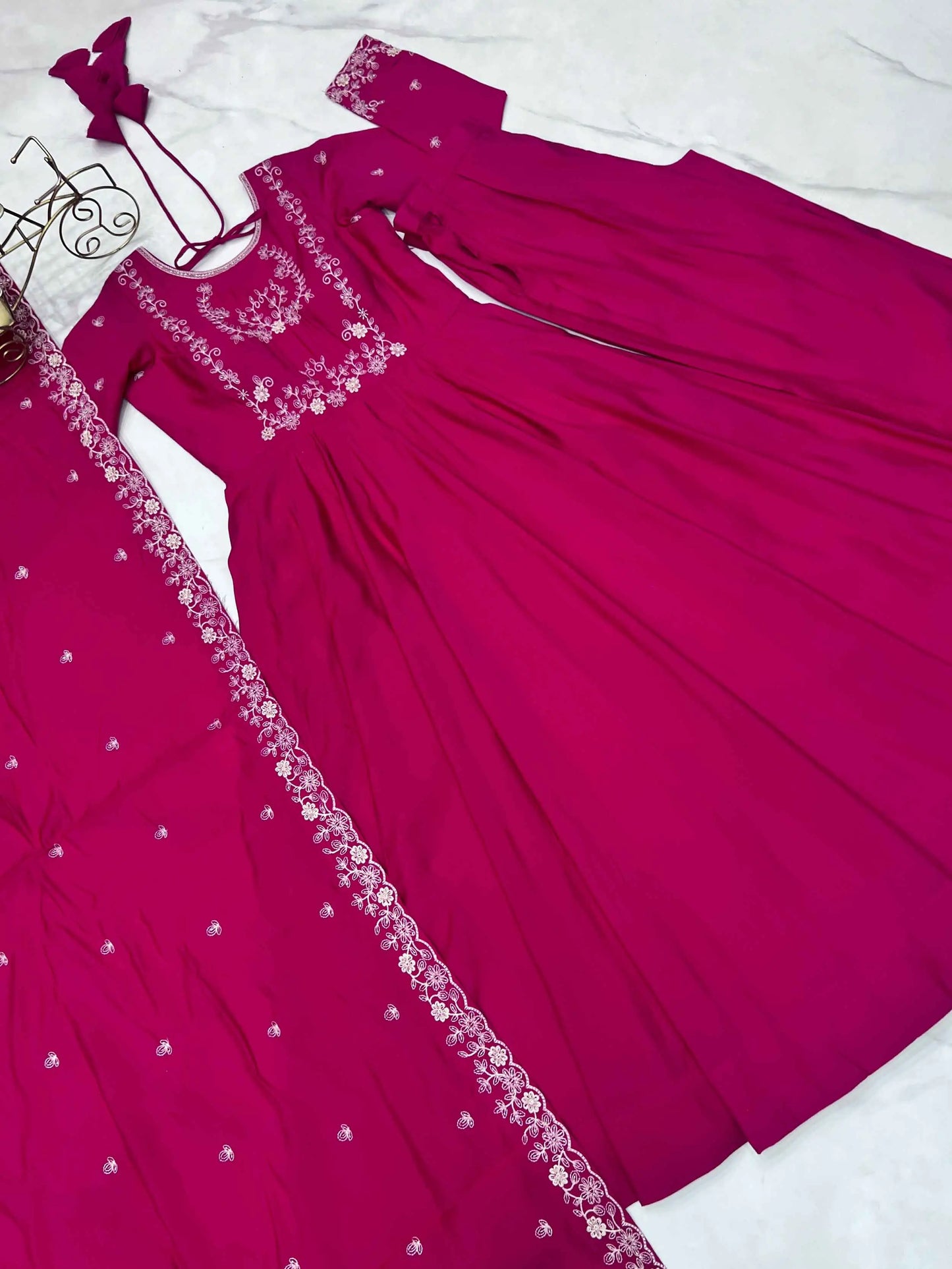 Rani Pink Silk Gown With Beads Hand Work