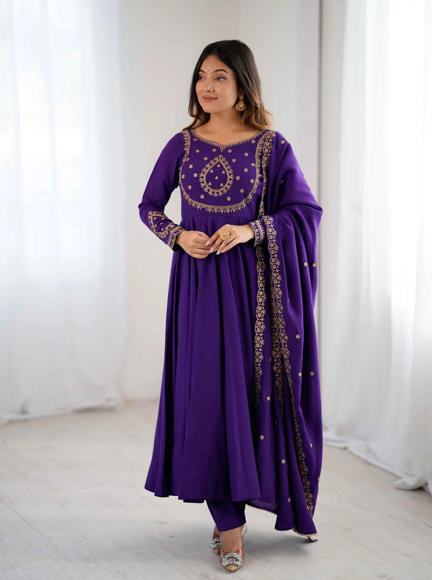 Purple Silk Gown With Beads Hand Work