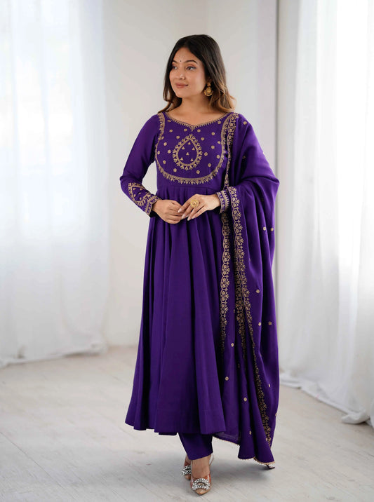 Purple Silk Gown With Beads Hand Work