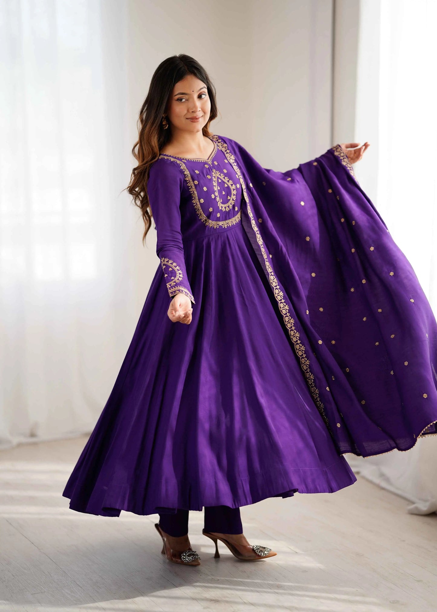 Purple Silk Gown With Beads Hand Work