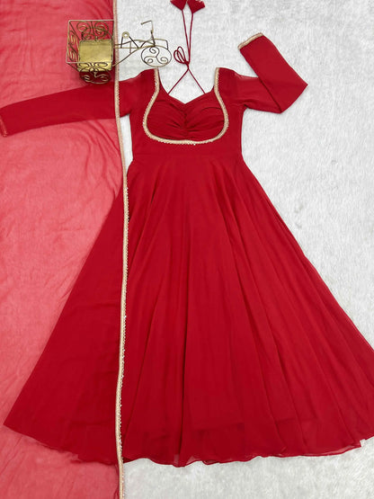 Designer Red Georgette Gown With Dupatta