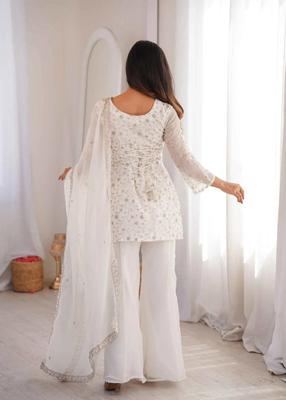 Off White Silk Embroidered Sharara Suit