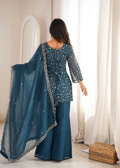 Teal Blue Silk Embroidered Sharara Suit