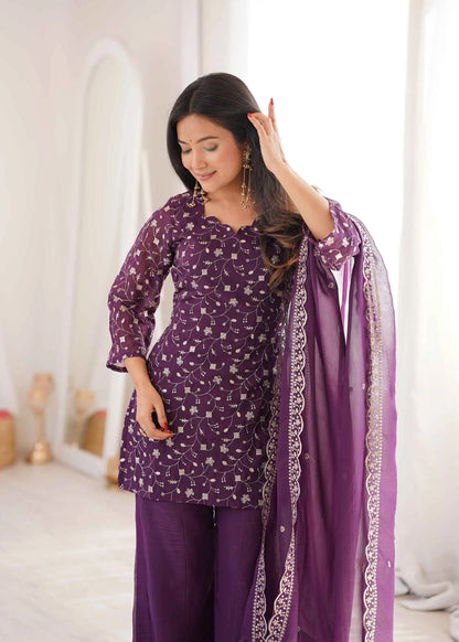 Wine Silk Embroidered Sharara Suit