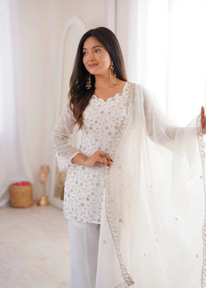 Off White Silk Embroidered Sharara Suit