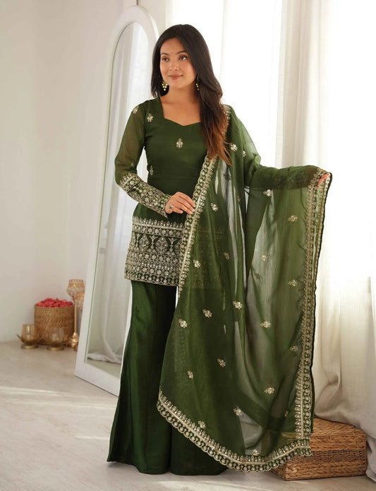 Mehndi Silk Embroidered Sharara Suit