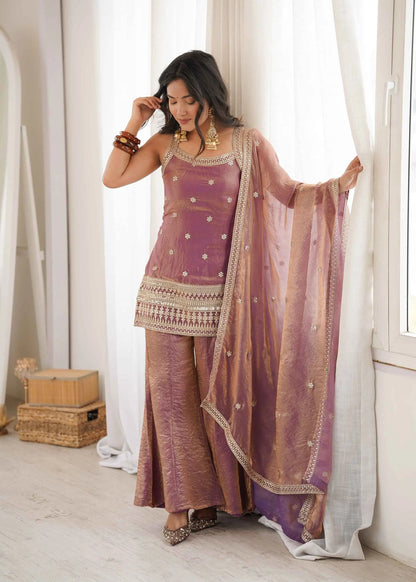 Dusty Pink Silk Embroidered Sharara Suit