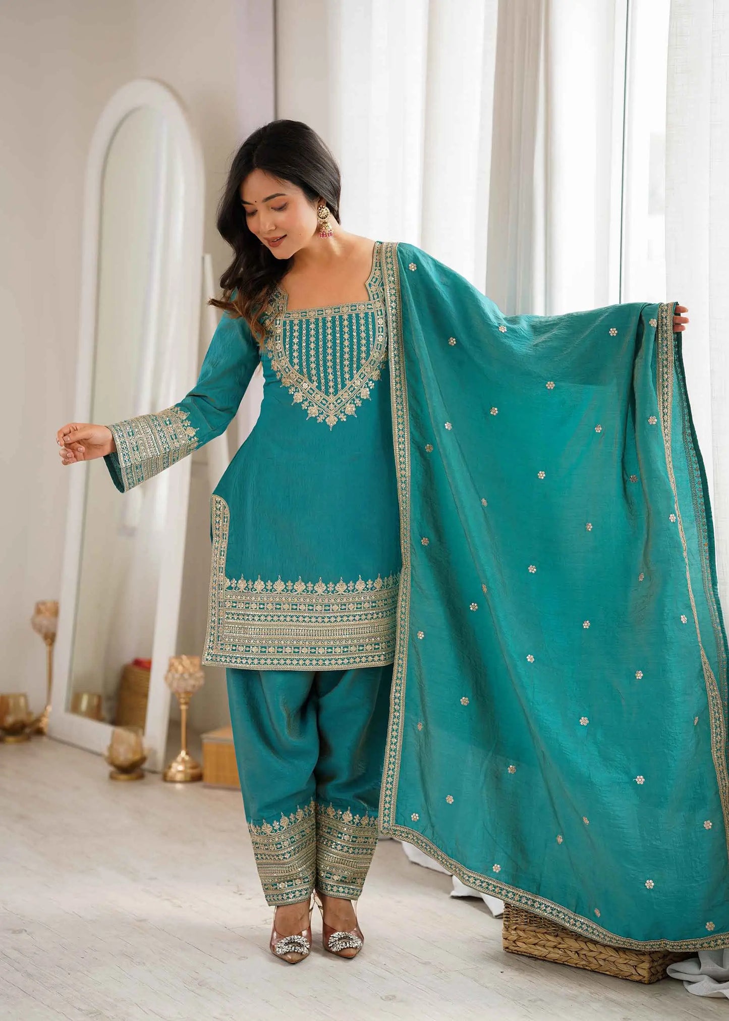 Sea Green Silk Embroidered Salwar Suit
