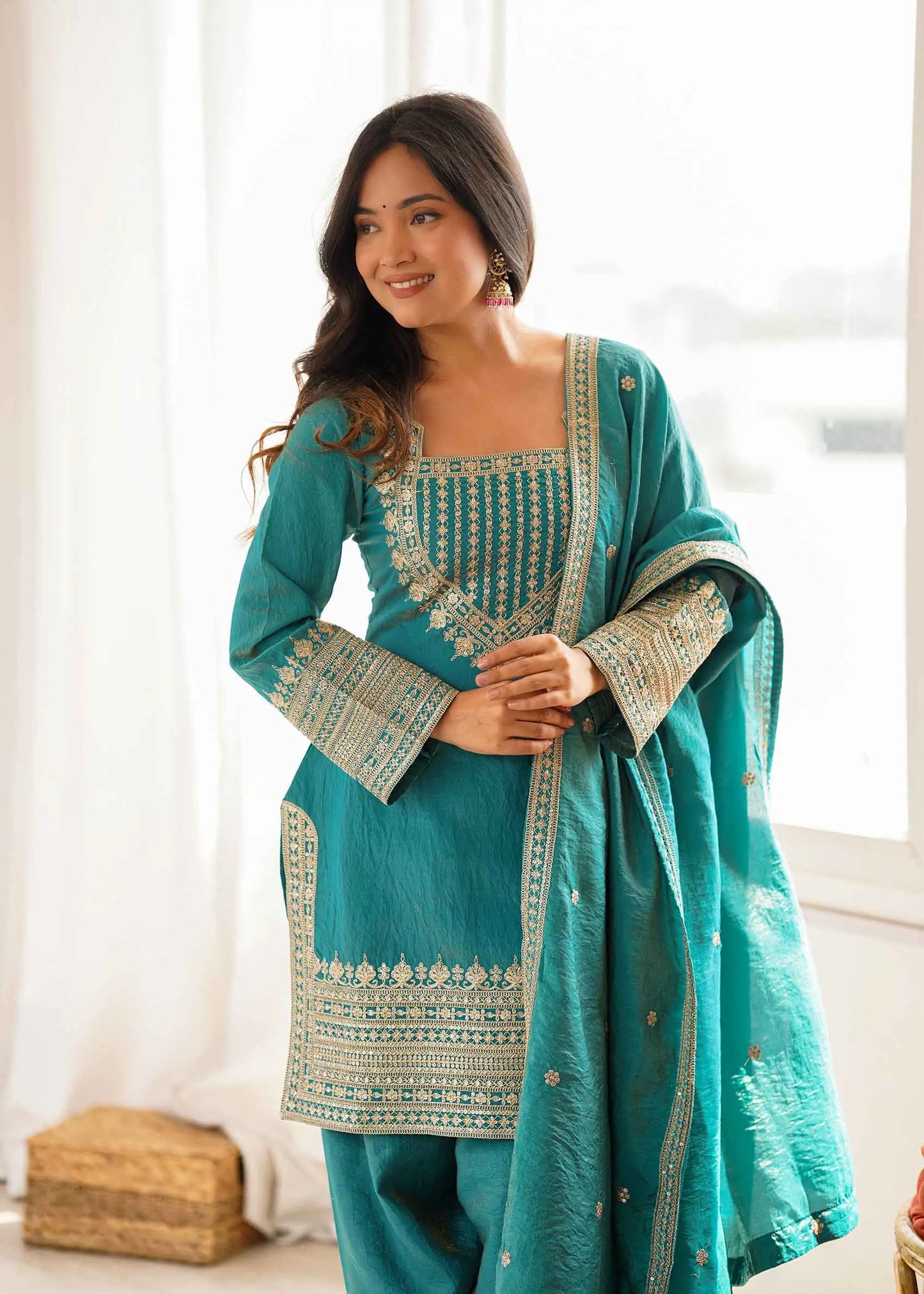 Sea Green Silk Embroidered Salwar Suit
